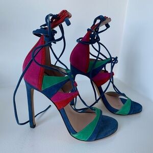 Stuart Weitzman Legwrap Colorblock Suede Sandals